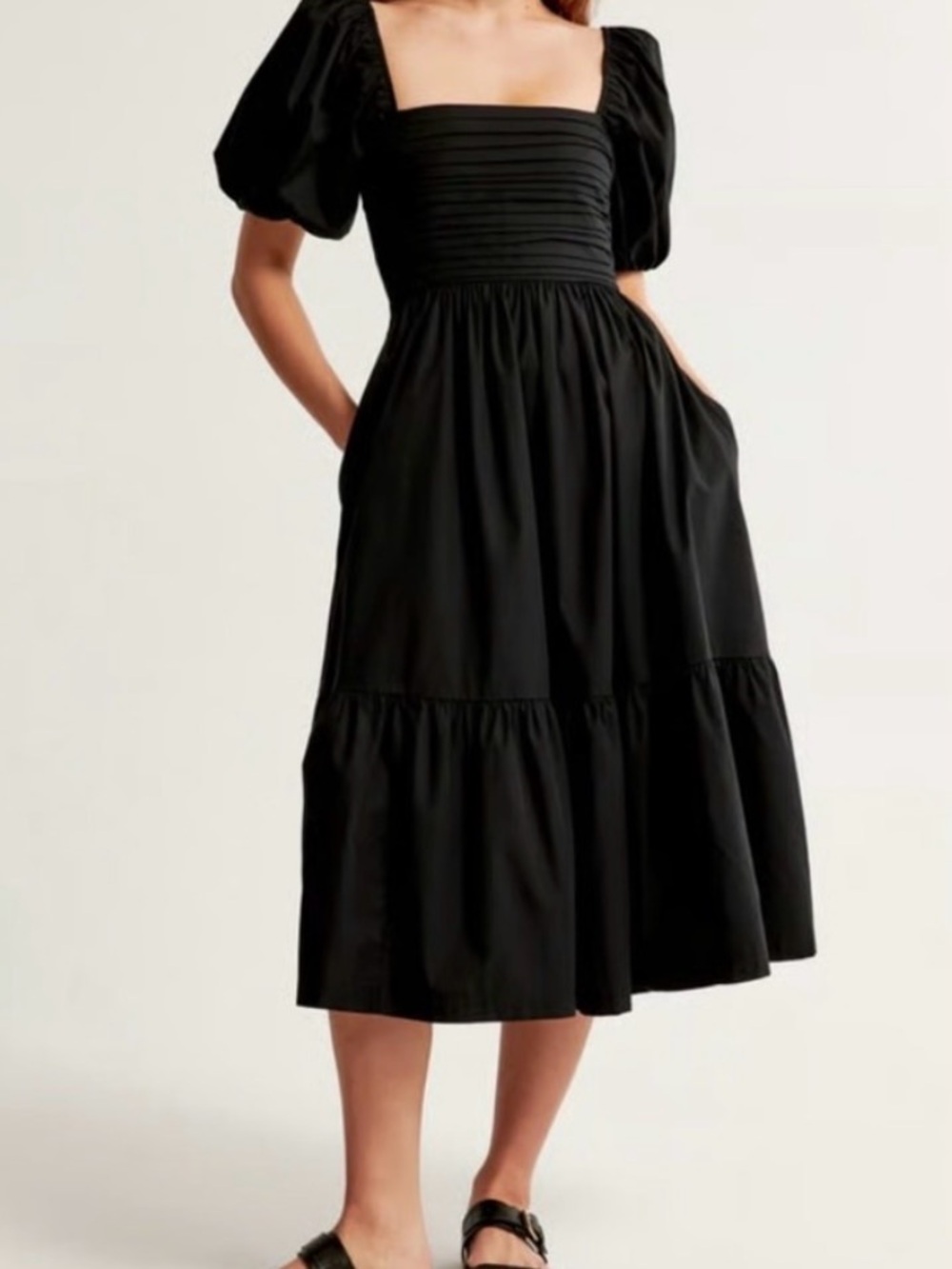 Abercrombie & Fitch Black Square-Neck Puff-Sleeve Midi Dress